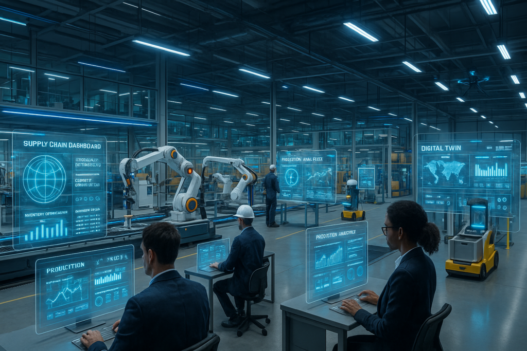 AI-powered manufacturing and supply chain optimization 2026 - smart factory with robotic assembly lines, predictive maintenance dashboards, autonomous warehouse robots, and human-AI collaboration delivering 35% cost reduction in 90 days