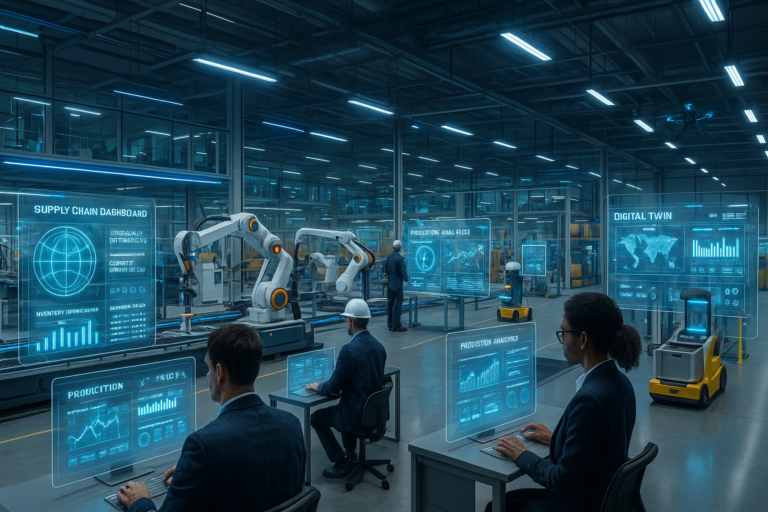 Ultra-photorealistic AI-powered manufacturing floor with automated robotic assembly lines, real-time holographic analytics dashboards, autonomous warehouse robots, and human-AI collaboration showcasing intelligent supply chain optimization