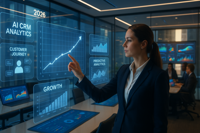 AI-Powered CRM system with holographic analytics in modern business environment