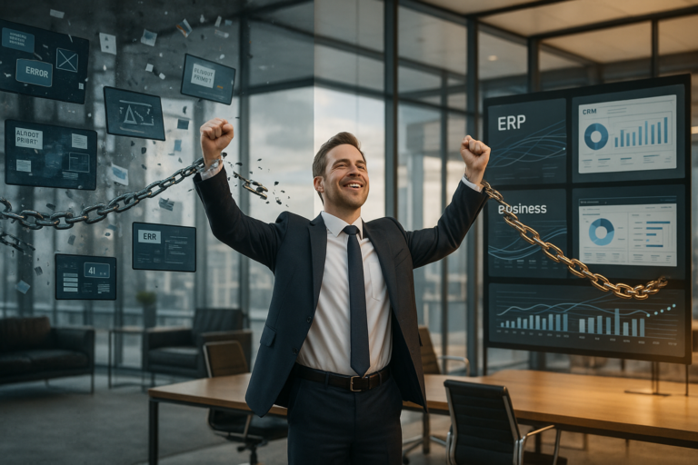 Professional business executive breaking free from AI pilot purgatory, transforming from chaotic disconnected systems to integrated ERP, CRM, and core business operations in a modern corporate environment