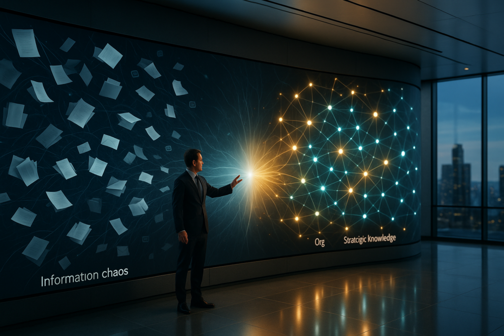 Executive viewing a holographic display transforming chaotic enterprise documents into an organized AI-powered knowledge network — visualizing AI knowledge management transformation