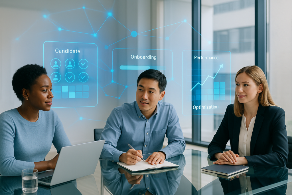 Diverse HR team collaborating around a holographic dashboard showing AI-driven recruiting, onboarding, and performance optimization workflows, Bizkey Hub 90-day AI in HR implementation framework.