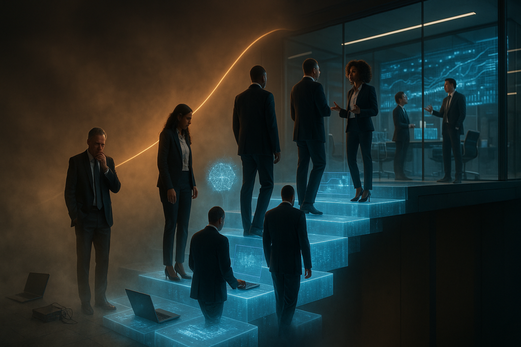 Business executives climbing a glowing five-stage AI maturity curve staircase representing progression from Awareness, Experimentation, Operationalization, Integration, to Transformation, escaping AI pilot purgatory