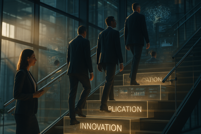 Diverse professionals climbing a three-tier AI skill ladder representing AI literacy, application, and innovation career pathways