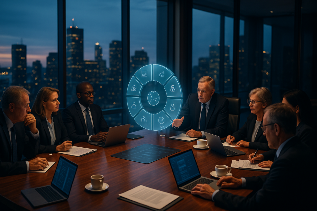 Senior executives conducting a seven-domain AI project due-diligence review around a modern boardroom table with a holographic framework display
