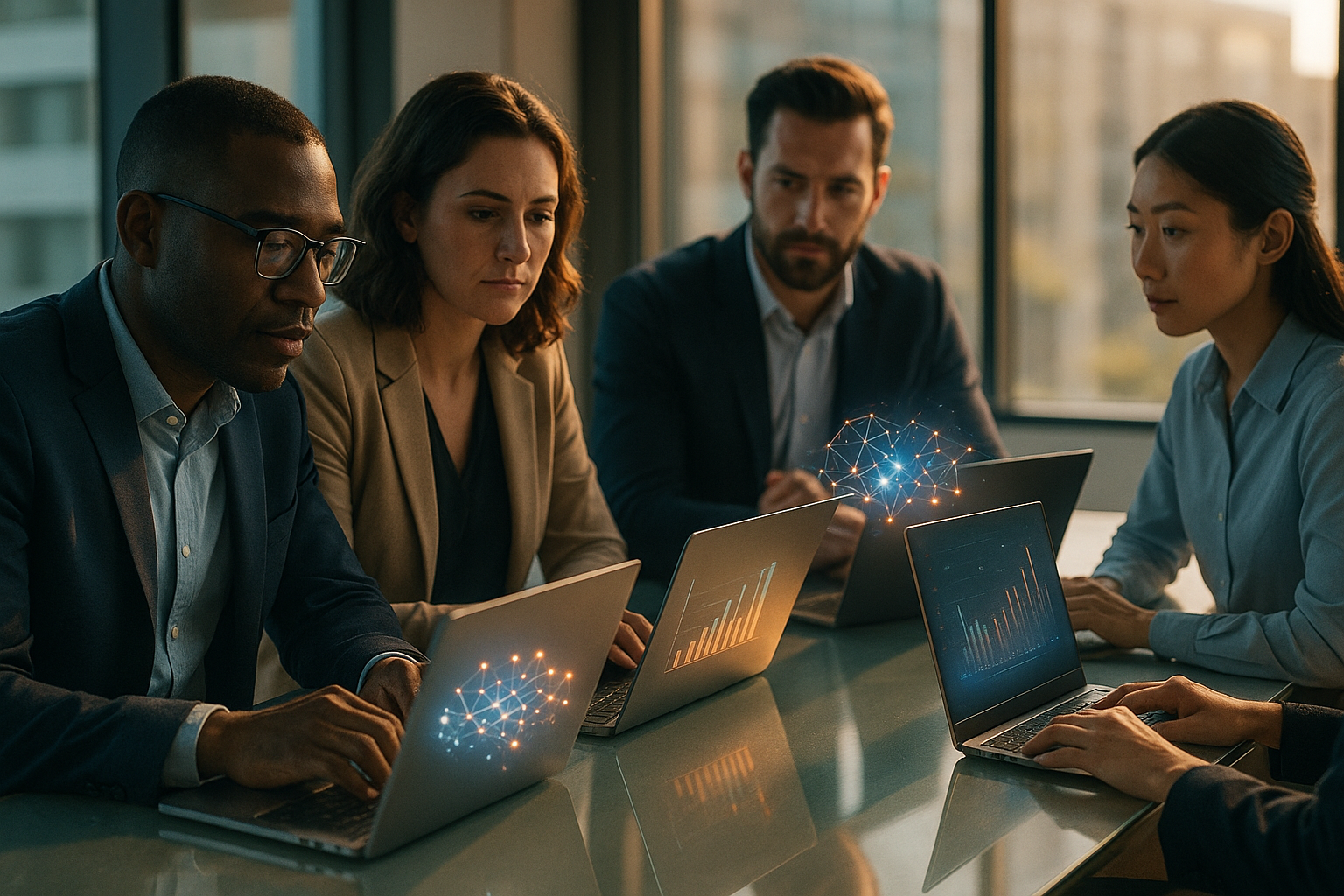 Diverse team of professionals collaborating in a modern office with AI-driven data visualizations, illustrating how artificial intelligence is reshaping the future of work, careers, and workplace culture.