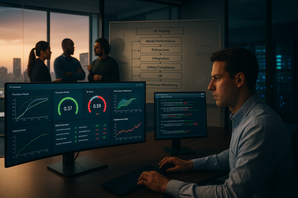 AI testing and validation operations center with engineers reviewing model performance dashboards, drift detection heatmaps, and a seven-layer AI testing framework whiteboard