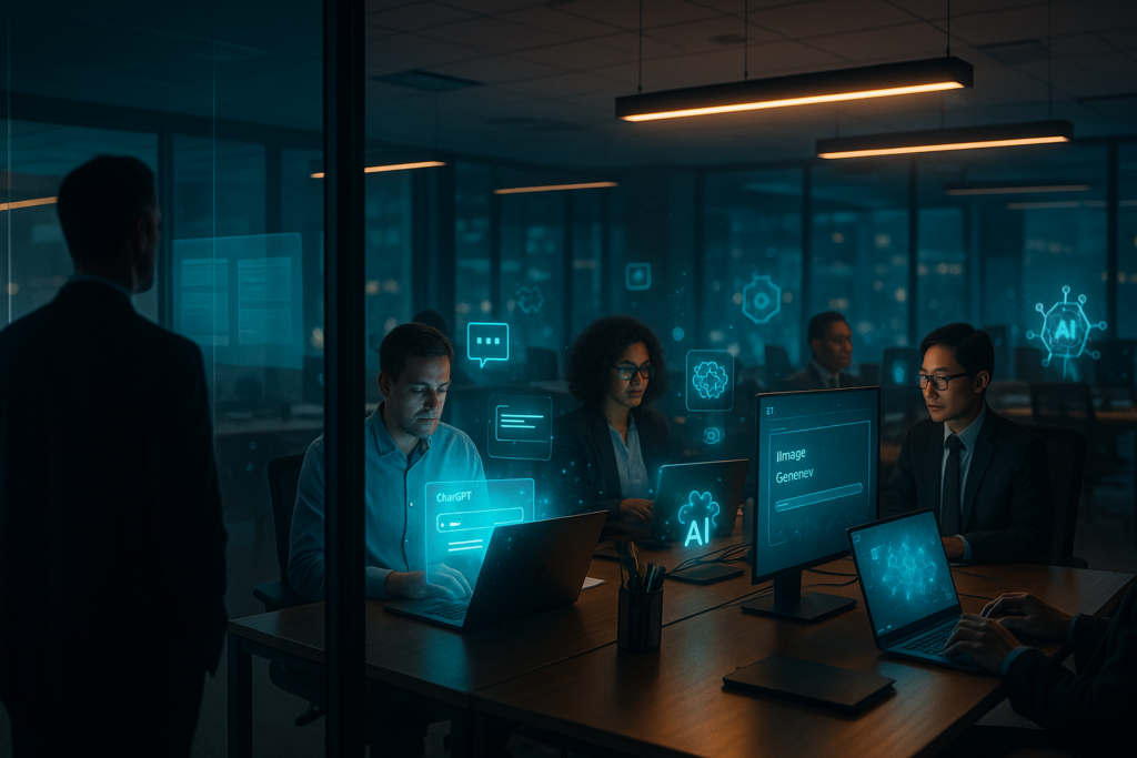 The Rise of Shadow AI Inside Companies (And Why Leaders Are Losing Control) Photorealistic scene of employees secretly using unapproved generative AI tools at their desks inside a modern corporate office while leadership remains unaware in a glass conference room, depicting the rise of Shadow AI inside companies