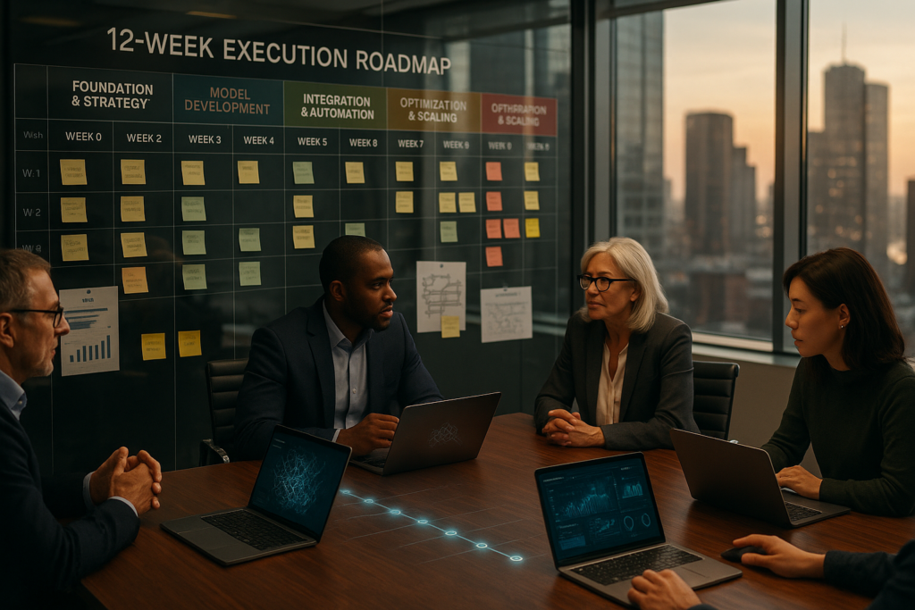Executive team collaborating in a strategy room with a 12-week AI transformation roadmap on the wall, showing Bizkey Hub's four-phase 90-day playbook.