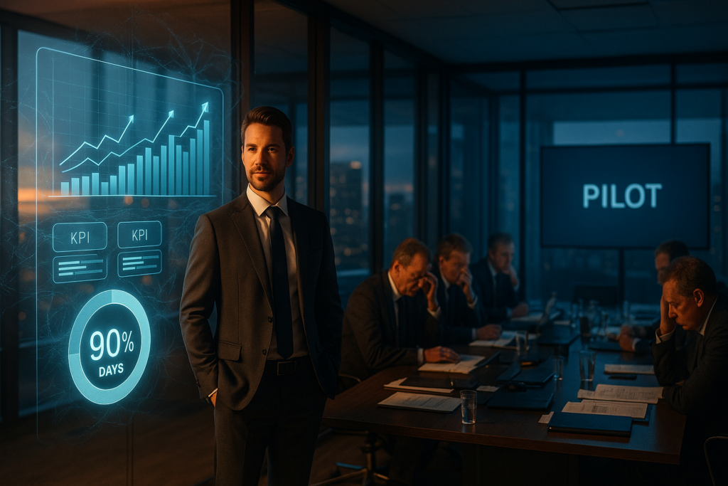 AI consulting boardroom scene contrasting stalled pilot purgatory with Bizkey Hub's 90-day measurable AI results execution
