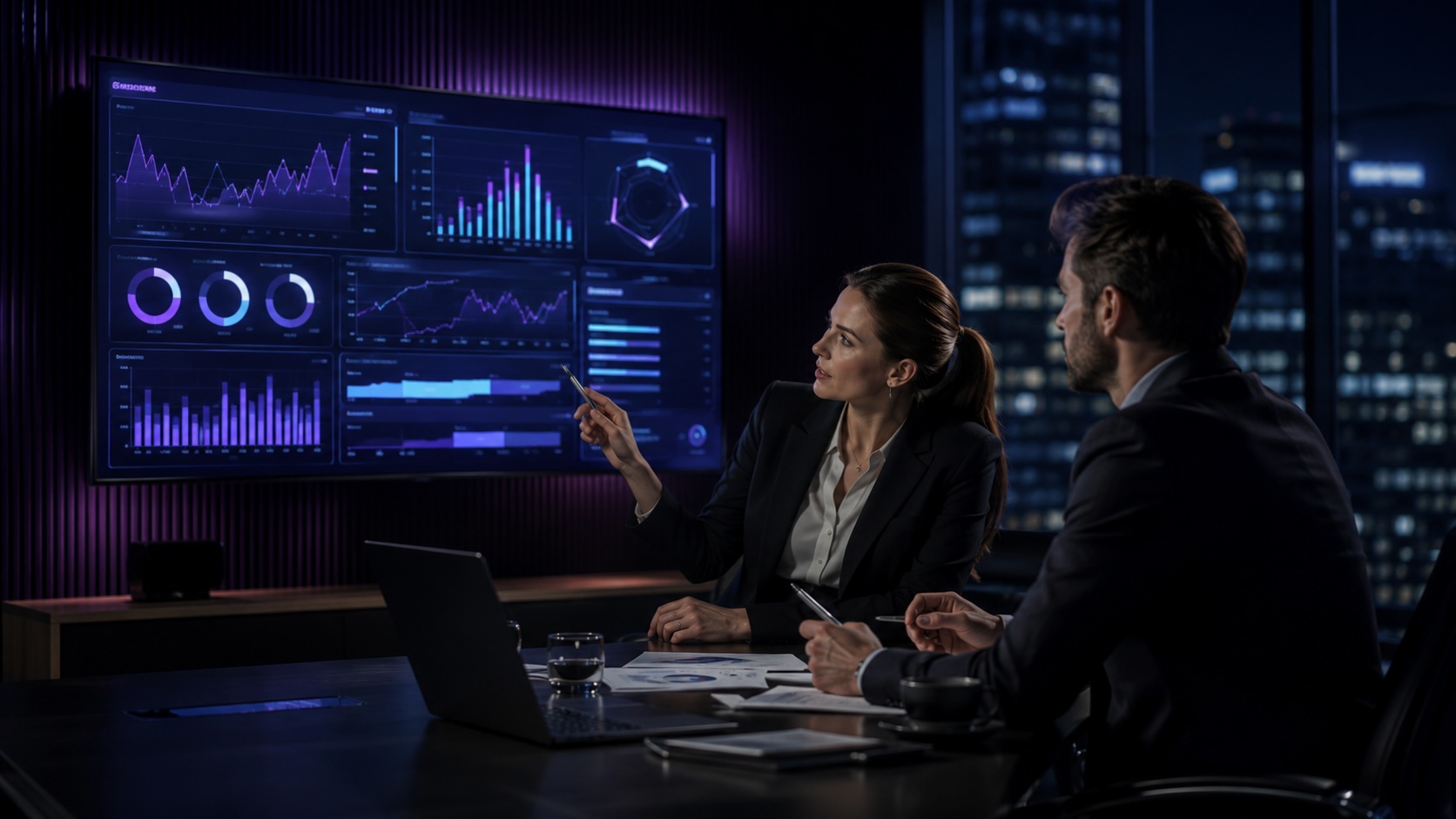 BizKey consultants reviewing an operations dashboard in a dark office