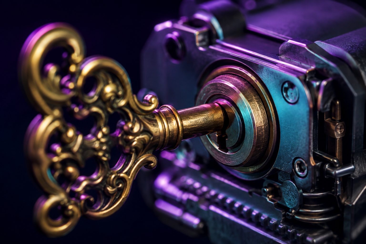 A brass key turning inside a precision lock mechanism