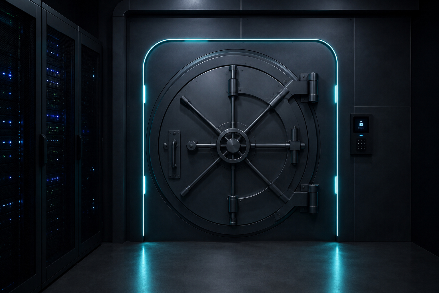 A vault-like door with cyan light seams, representing controlled, governed AI