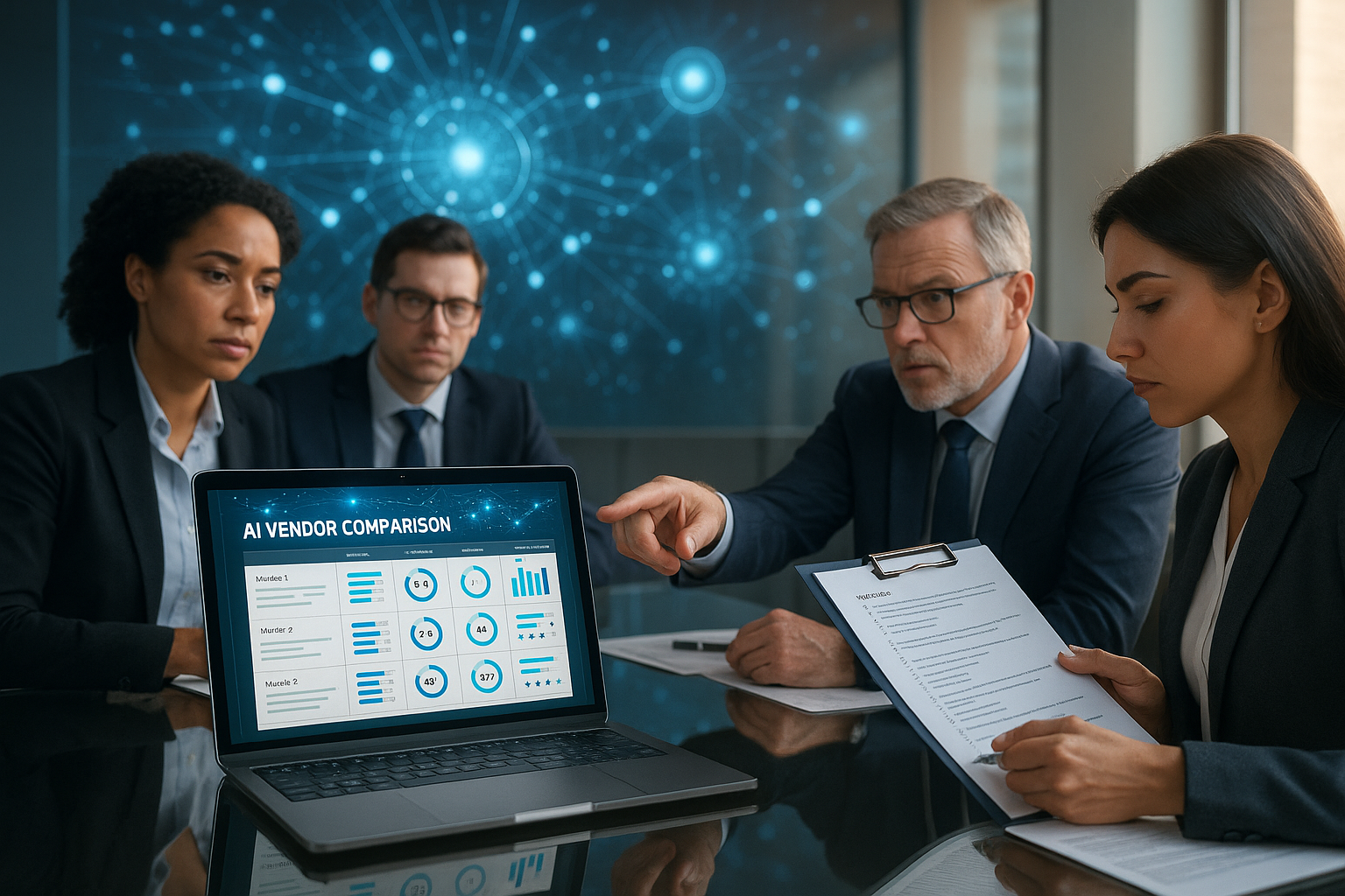 Business team evaluating AI vendors with a comparison spreadsheet and holographic AI network visualization in a modern conference room