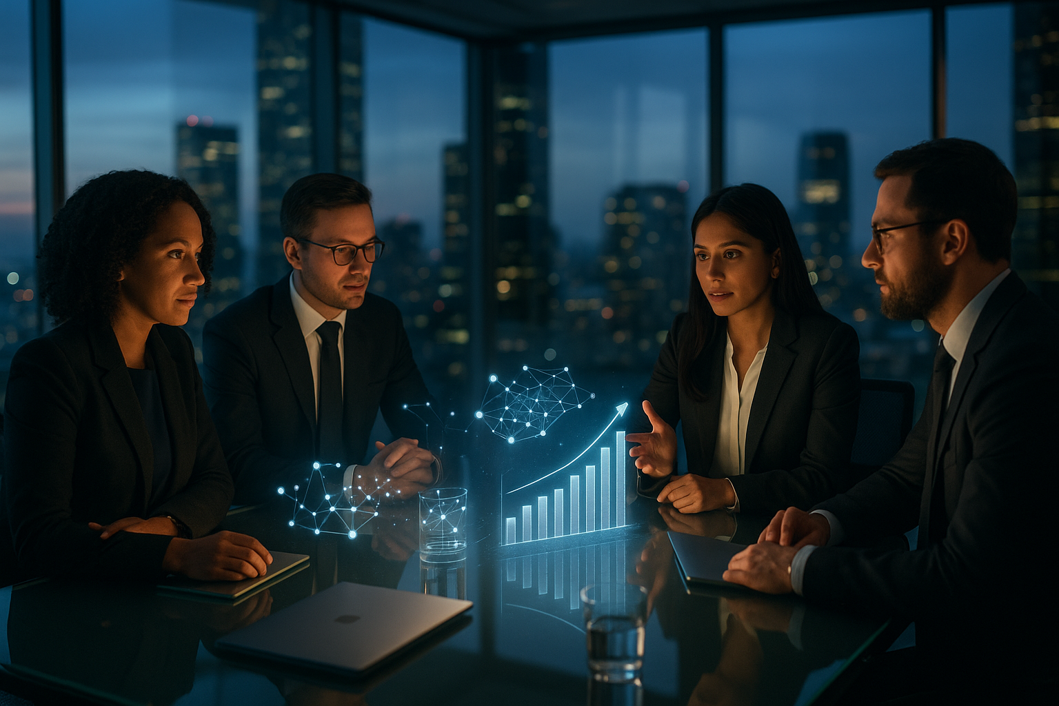 AI-augmented professional services team scaling revenue without hiring, holographic revenue growth charts in a modern firm office