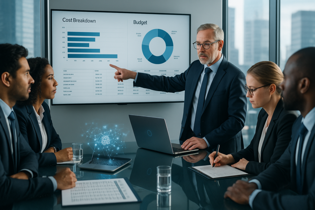 Business team reviewing a first-year AI implementation cost breakdown with budget charts and AI technology visuals in a modern boardroom